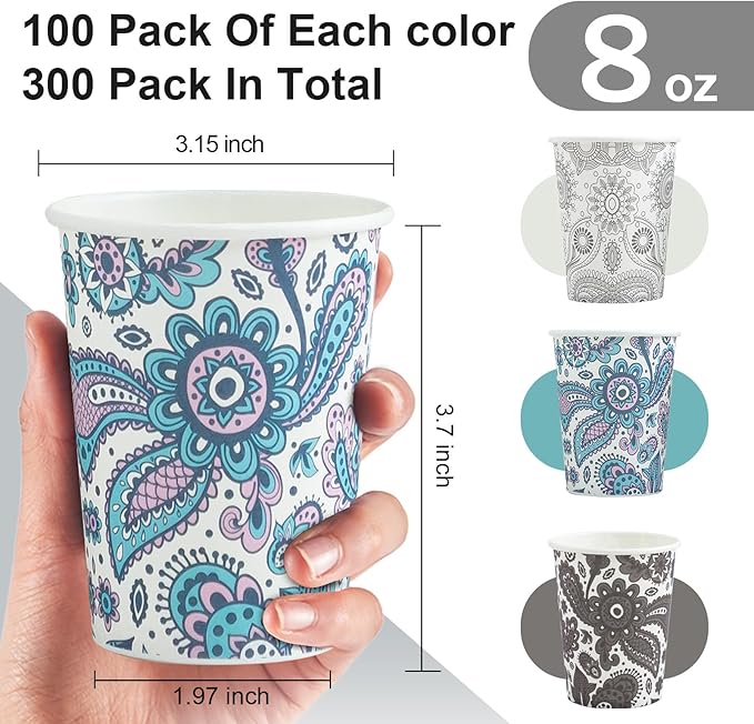 [300 Pack 8 OZ Paper Cups, Disposable Coffee Cups 8 oz Hot/Cold Colourful Beverage Drinking Cups for Office Party Home Picnic (Paisley)