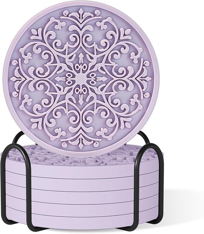 Drink Coasters, Coasters Set of 6 for Cup with Holder, Non-Slip Silicone Cup Mats for Hot and Cold Drinks, Cute Absorbent Coffee Bar Accessories Table Decor, Purple