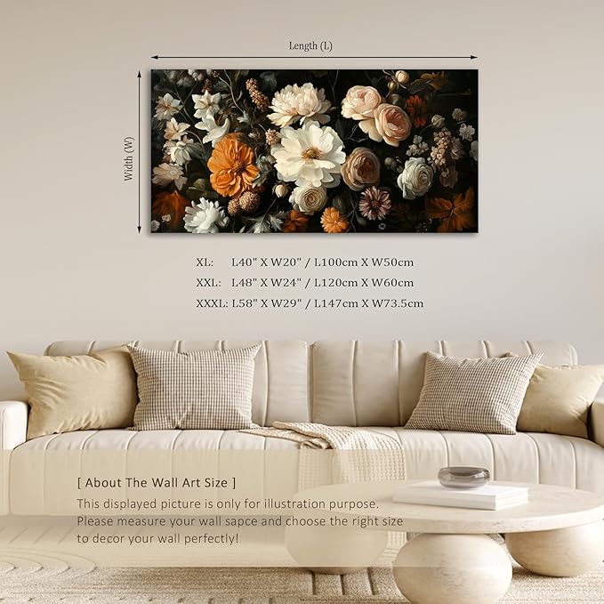 ADJUVANT Wall Art Vintage Floral Bouquet 48" L x 24" W, Flowers Peonies And Roses Canvas Painting Botanic Artwork Blossoms Prints Floral Wall Decor for Living Room Bedroom Dining Room Home Office