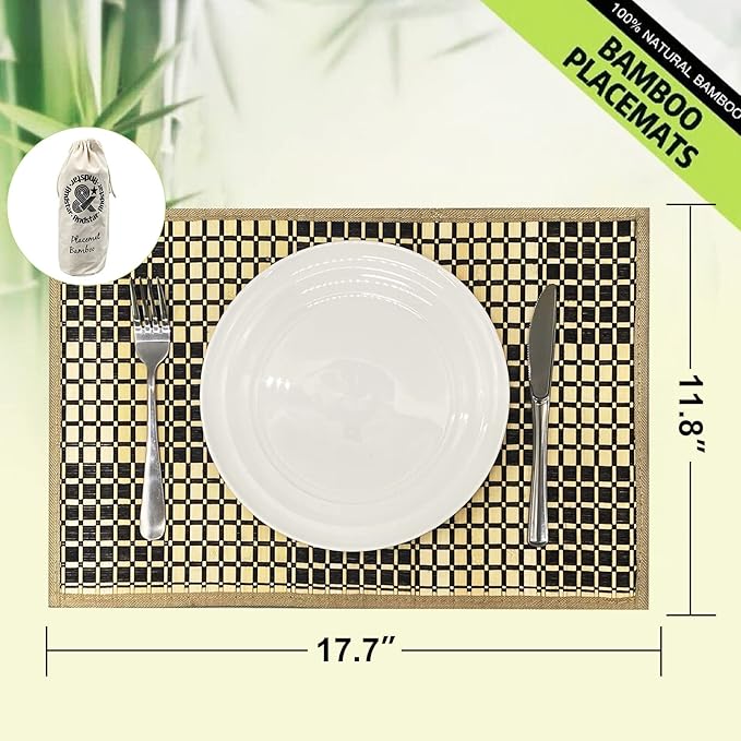 ANDSTAR Set of 8 Pcs Bamboo Placemats Rectangle Table Placemats Natural Anti-Slip Washable Heat-Resistant Table Mats for Dining Room and Kitchen(Plaid Natural Color)