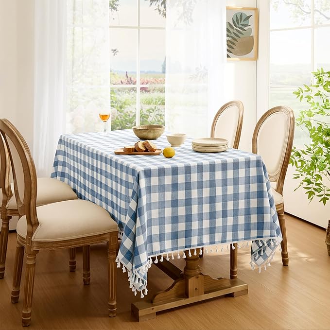 Softalker Checkered Tablecloth Rectangle, Outdoor Linen Cotton Gingham Table Cloth with Tassel, Heavy Duty Wrinkle Free Buffalo Plaid Table Cover for Kitchen Dining Home Party - 55 x 70 Inch, Blue