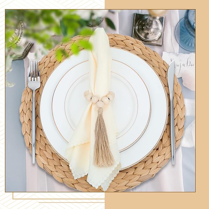 Gejoy 18 Pcs Boho Woven Placemats Wood Bead Napkin Rings with Dinner Napkins Cloth 13.8 Inch Round Water Hyacinth Placemat Farmhouse Rustic Table Chargers Wooden Dinner Ring for Wedding Thanksgiving