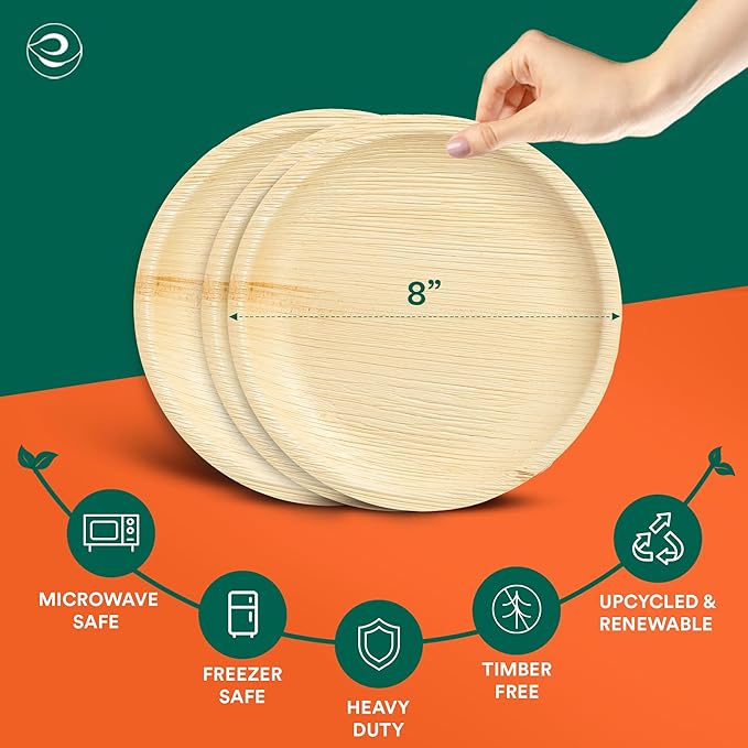 ECO SOUL Palm Leaf Plates 8"(200 Count) Round Compostable Bamboo Plates Heavy- Duty, Biodegradable Eco-Friendly Dinnerware for Christmas Party Dinner, Wedding, Holiday & Event