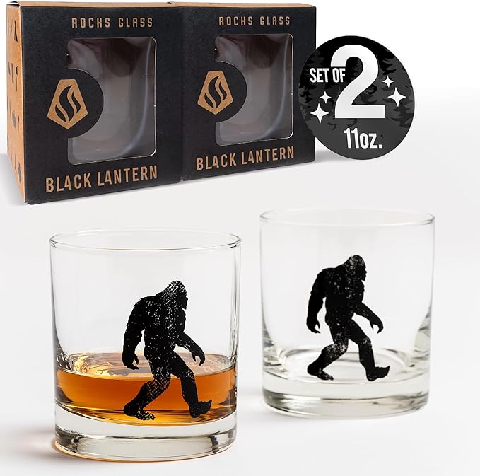 Rustic Bigfoot Whiskey Glasses – Set of 2 by Black Lantern | 11oz Heavy Base Glasses for Outdoor Lovers