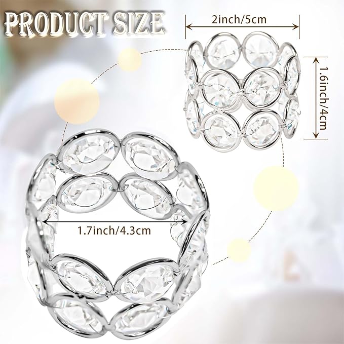 Crystal Metal Napkin Rings Set, Elegant Wedding/Party Table Decor, Shiny Holiday Dinner Accessories Bulk, Bridal Shower Gift, Anniversary, Christmas, Home Decor Essentials (Silver, 12-Pcs)