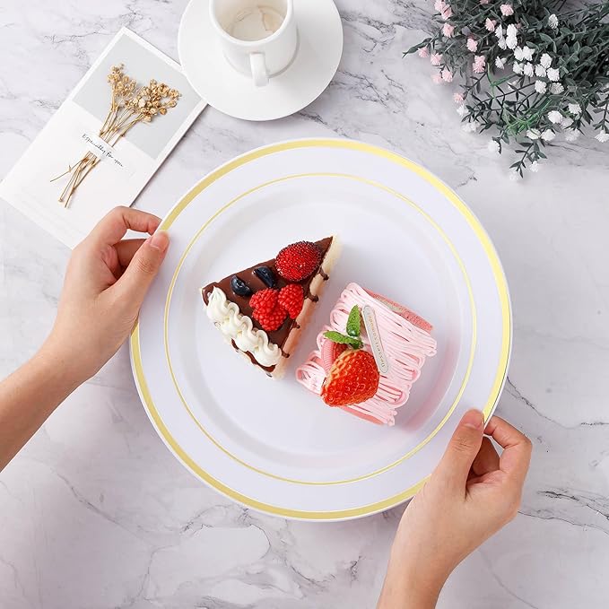 BESTVIP 100PCS Gold Plastic Plate, Disposable Party Plates with 50 Dinner Plates and 50 Dessert Plates, Plastic Plate for Parties, Wedding and Birthday