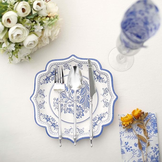 50 Pack 8" Light Blue French Toile Dessert Plates, Disposable Round Paper Floral Pattern Appetizer Salad Plates 300 GSM for Party Decoration