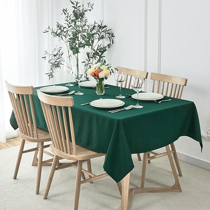maxmill Rectangle Tablecloth Weaved Design Water Resistant Wrinkle Free Spill-Proof Soft Table Cloth for Dining Room Decoration, Banquet, Christmas Holiday Dinner, 60 x 84 Inch, Hunter Green