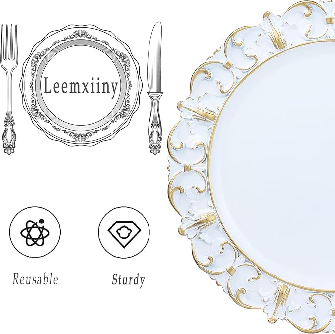 White Charger Plates Set of 6, Decorative Table Plastic Chargers for Dinner Plates, Party, Wedding, Thanksgiving, Christmas, 11W