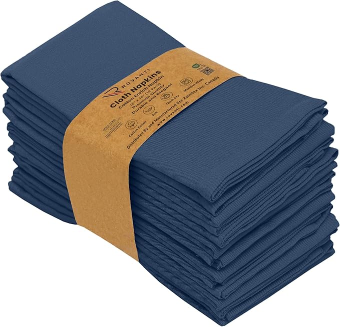 Ruvanti Cloth Napkins Set of 12, 18x18 Inches Napkins Cloth Washable, Soft, Durable, Absorbent, Cotton Blend. Table Dinner Napkins Cloth for Hotel, Lunch, Restaurant, Weddings, Parties -Ocean Blue