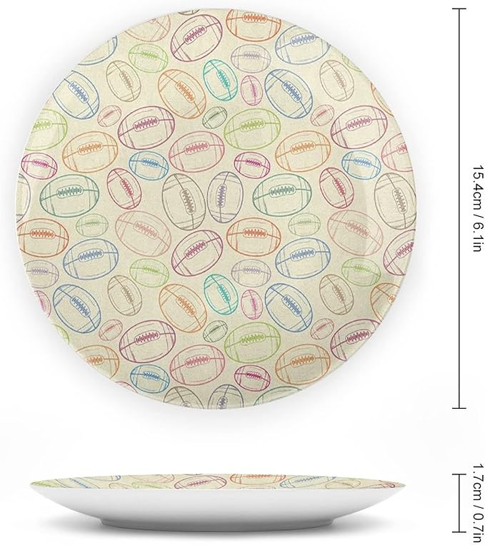 Ceramic Display Plate, American Football Ceramic Hanging Decorative Plate, Grunge Looking Hand Drawn Sports Sketch, 8 Inch, Household Custom Ceramic Plate, Multicolor
