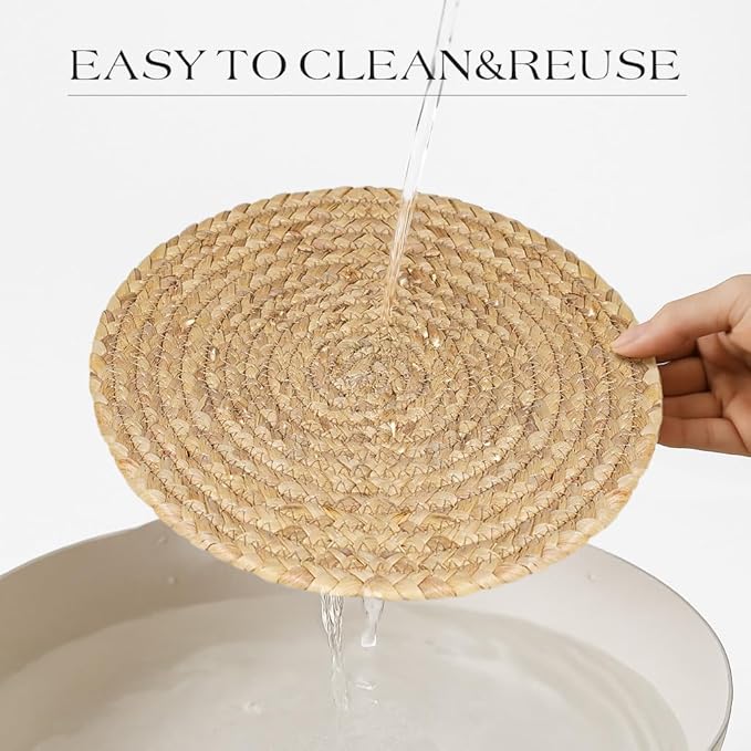 12” Woven Round Placemats Set of 4, Natural Water Hyacinth Braided Table Mats with 4 Wood Bead Napkin Rings, Washable Boho Farmhouse Rattan Place Mats for Home, Outdoor, Table Decor, Dinning, Wedding