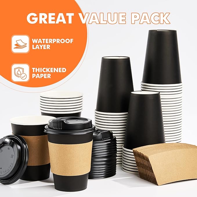 100 Pack 12 oz Disposable Coffee Cups with Lids and Sleeves, Sturdy Paper Cups for Hot/Cold Drinks, Leak-Proof To Go Coffee Cups with Lids for Home, Café, Events, Office, Black
