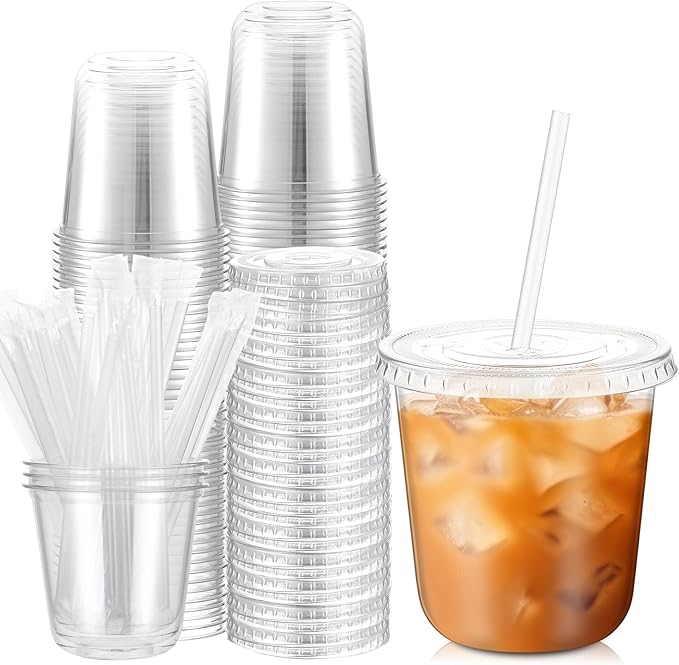 50 Sets Clear Plastic Cups with Lids and Straws, Disposable Iced Coffee Cups Drinking PET for Cold Drinks, Juice, Smoothie, Coffee Shops, Party, Christmas (Clear,10 oz)