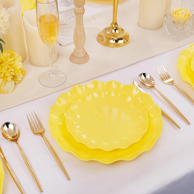 LIYH 24 Pcs Yellow Plastic Plates Reusable, Unbreakable Dinner & Salad Plate, Microwave & Dishwasher Safe, Scalloped Reusable Plastic Plates for Party, Birthday, Picnics (12Guests)