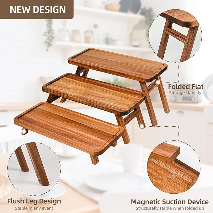 GEHE 3 Tier Serving Tray Acacia Wooden Tiered Tray Stand Foldable Dessert Table Display Set Decor Charcuterie Boards for Party, Birthday, Wedding, Christmas