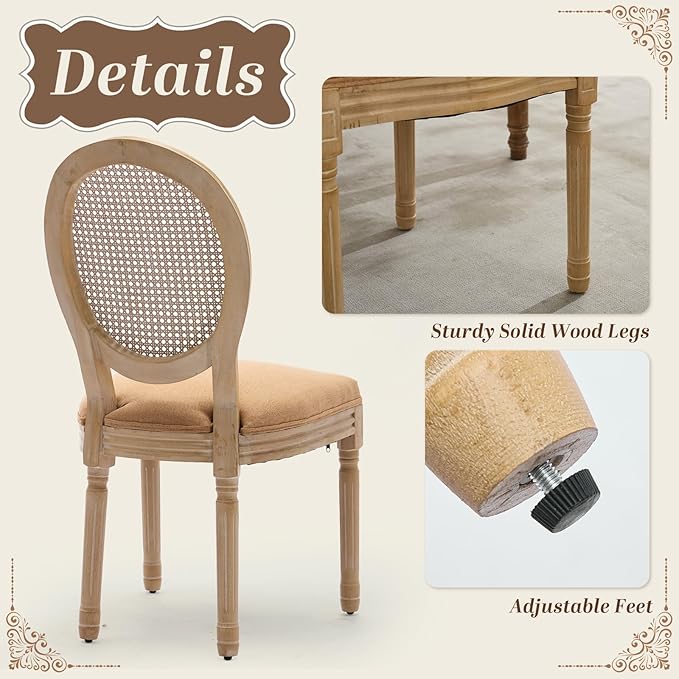 SoarFlash French Dining Chairs Set of 6, Vantage Dining Chair with Round Back, Wood Leg Farmhouse Country Rattan Dining Chair for Kitchen,Bedroom,Brown