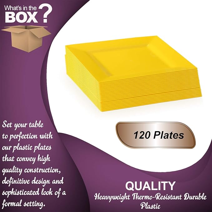 Elegant Disposable Plastic Dinner Plates 120 Plates - Heavy Duty Square Yellow Dinner Plates - 9.5" Reusable Plastic Party Plates For All Occasions
