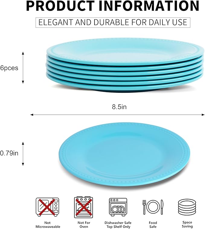 Melamine Beaded Appetizer/Salad/Dessert/Side Plates, Aqua, Set of 6, 8.5 inch, Platter, Serving Dishes, Kid-Friendly, Chip and Break-Resistant, Durable, for Indoor and Outdoor, Dishwasher Safe
