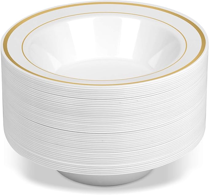 100 Disposable White Gold Trim Plastic Soup Bowls | 14 oz. Premium Heavy Duty Disposable Dinnerware with Real China Design | Safe & Reusable and Great for Parties or Weddings. (50-Pack) Gold