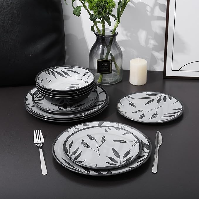 12pcs Melamine Dinnerware Set - Service for 4 Melamine Plates and Bowls Set, Unbreakable Dinner Salad Dessert Plate, Cereal Bowl Set for Indoor/Outdoor, Gray Leaf
