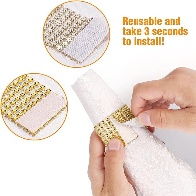 Gold Napkin Rings Set - 300 Rhinestone Crystal Napkin Rings for Wedding, Dinner, Parties & DIY Decoration