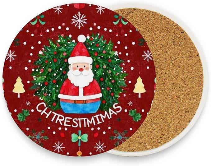 Coasters for Drinks Coaster Drink Set Decorative Coffee Table Desk Cup Mat Spring Cute Cork Bar Backing Round Home Decor Santa Claus Wreath Christmas Tree Snowflakes Colorful42