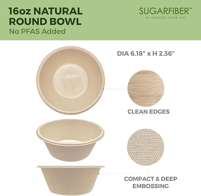 [125 Count]Harvest Pack Compostable Paper Bowls, 16oz PFAS FREE Round Biodegradable Soup Bowl, Heavy-Duty Eco-Friendly Disposable Bowls, Sugarcane Bagasse Natural plant fibers, Alternative to Plastic