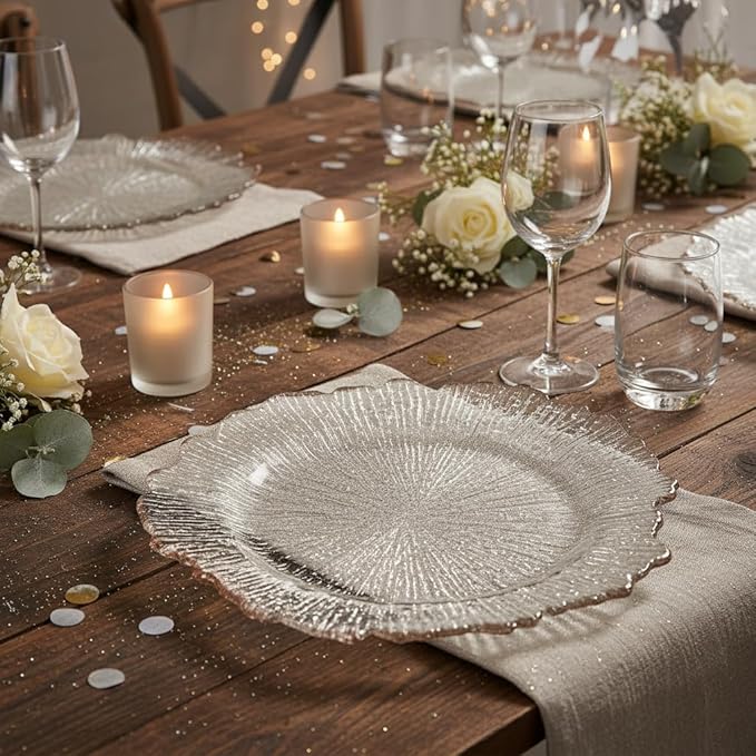 LOYALHEARTDY 25 Pack 13 Inch Charger Plates, Clear Plastic Reef Rim Charger Plates with Rose Gold Rim, Round Decorative Underplates for Wedding, Party, Dinner Table