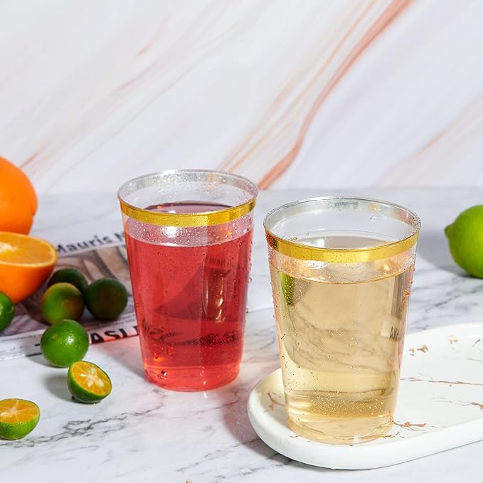 Vplus 150 Pack 12 OZ Reusable Gold Rimmed Clear Plastic Cups, Disposable Heavy Duty Plastic Cups Perfect for Party Christmas Wedding
