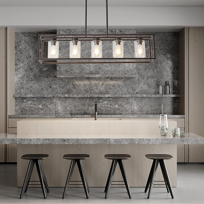 XILICON Oil Rubbed Bronze Farmhouse Chandelier Dining Room Lighting Fixture Hanging 5 Light Kitchen Island Lighting with Glass Shade for Dining Room