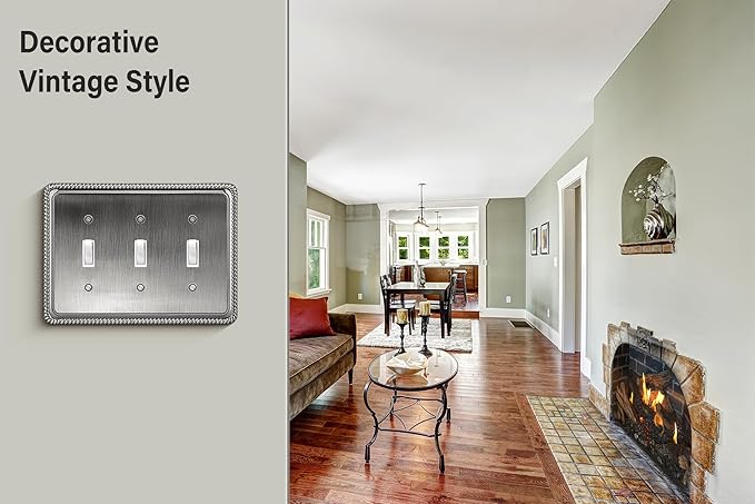 Henne Bery Rope Edge Decorative Wall Plate Switch Plate Outlet Cover (Triple Toggle, Heirloom Silver)