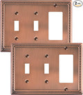 2-Pack Combo Decorator/Double Toggle Light Switch Cover Plate, Antique Copper Pearls Decorative Switch Plates and Outlet Covers, Metal Wall Plates for Electrical Outlets
