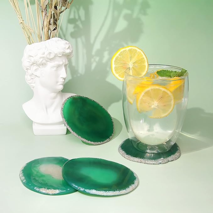 Agate Drink Coasters Set of 4, Natural Stone Coaster for Coffee Table 3.5-4" Geode Gemstone Coasters Decor, Unique Gift for Women Men Housewarming Birthday Wedding Anniversary (Green)