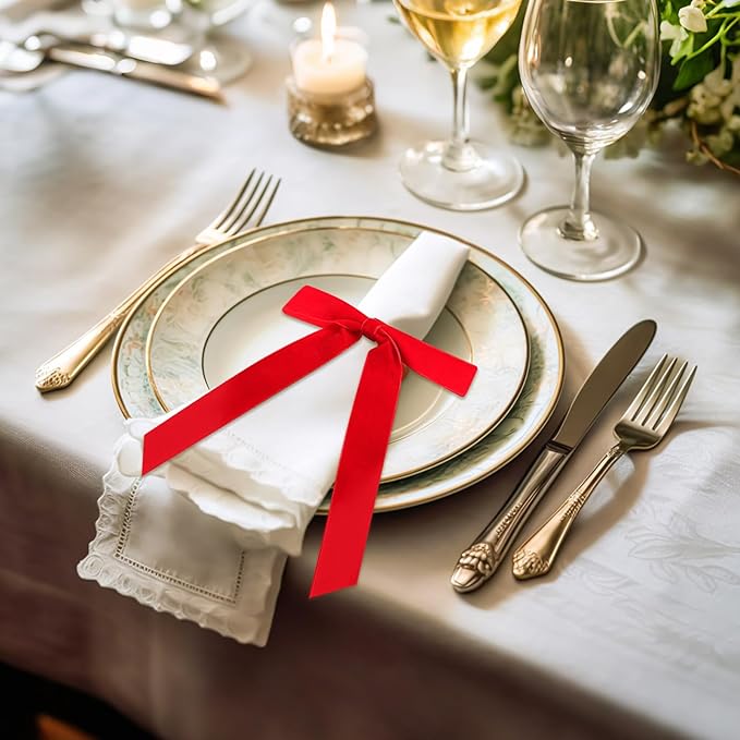 Riceshoot Velvet Bow Napkin Rings Bows with Gold Semicircle Metal Napkin Ring Velvet Bow Holder for Wine Bottles Table Settings Candlestick Wedding Valentine's Day Dinner(Red,12 Pcs)