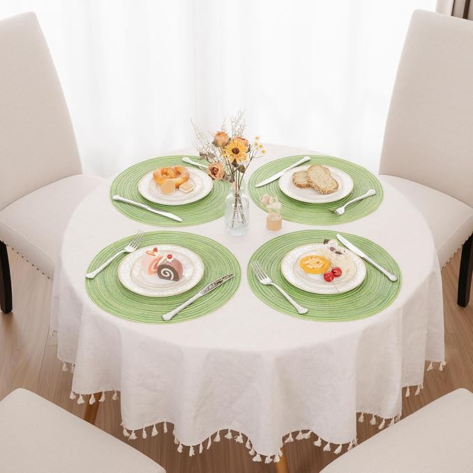 SHACOS Round Placemats Set of 6 for Dining Tables 15 inch Cotton Braided Placemats Washable Reversible for Kitchen Holiday Party (Mixed Color Pea Green, 6)