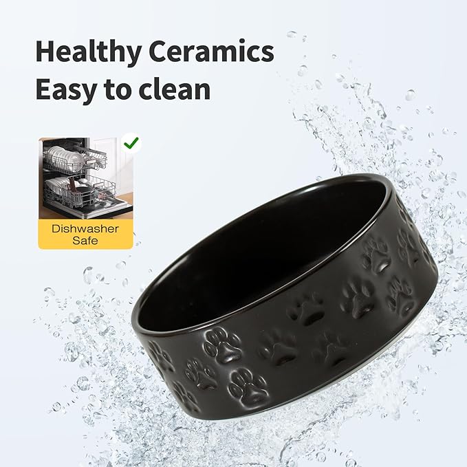 Ceramic Dog Bowl Set, 8" Food and Water Bowls with Anti-Slip Rings for Large Breed Dogs, 7.5 Cup Pet Dishes for Large-Sized Dogs, Dishwasher Safe (Double Bowls - Black, 8 inch)