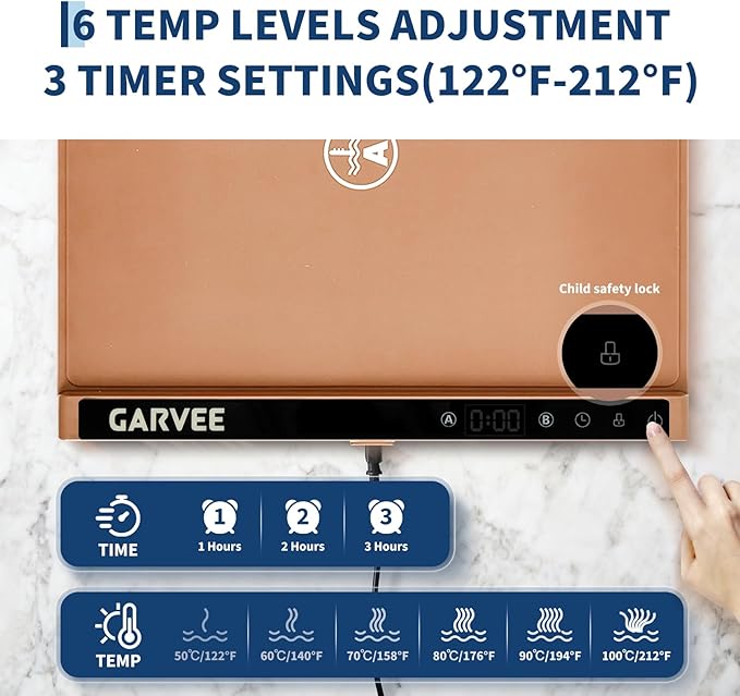 Garvee Electric Food Warming Mat for Countertop, 24x15 in, Dual Zone Control, Portable Silicone Food Warmer Pad Tray with Timer & 6 Temp Levels for Buffet Party, Easy to Clean, Orange