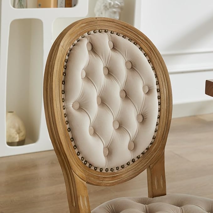 SoarFlash French Velvet Dining Chairs Set of 4, Vantage Dining Chair with Round Back, Wood Leg Farmhouse Country Dining Chair for Kitchen,Bedroom,Beige