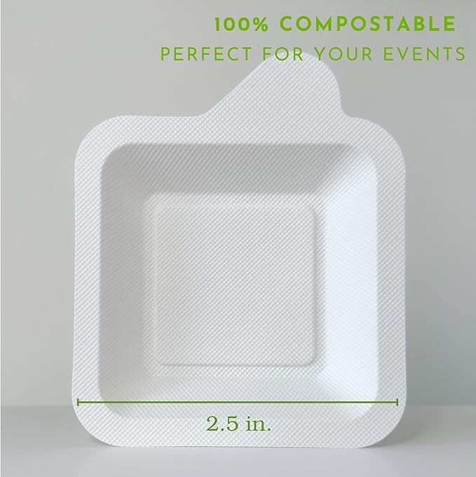 300 Pack 4.4" Mini Biodegradable Square Disposable Plates | Corn Starch Eco-Friendly Small Serving Tray | Tiny Party Plates for Appetizers and Desserts | White Trays | CMJJ