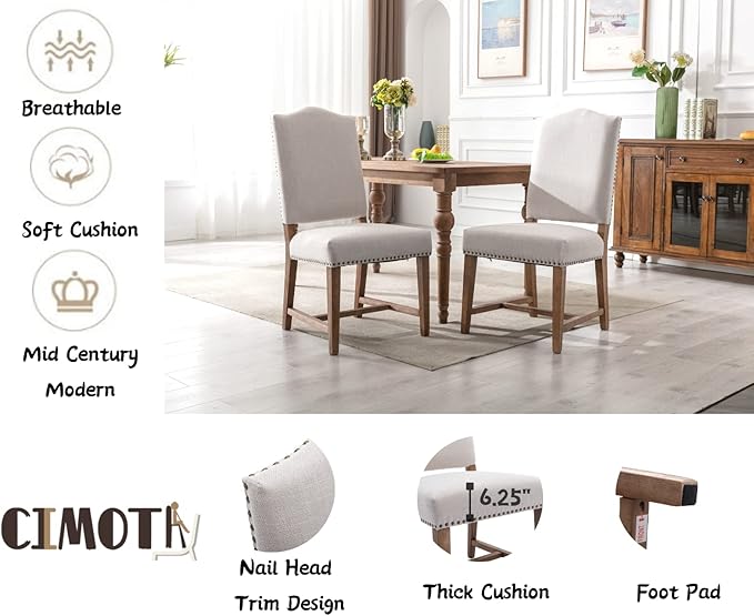 CIMOTA Mid Century Modern Dining Chairs Set of 4, Farmhouse Upholstered Dining Room Chairs Comfortable Kitchen Side Chairs with High Back/Natural Solid Wood Frame, Linen Beige