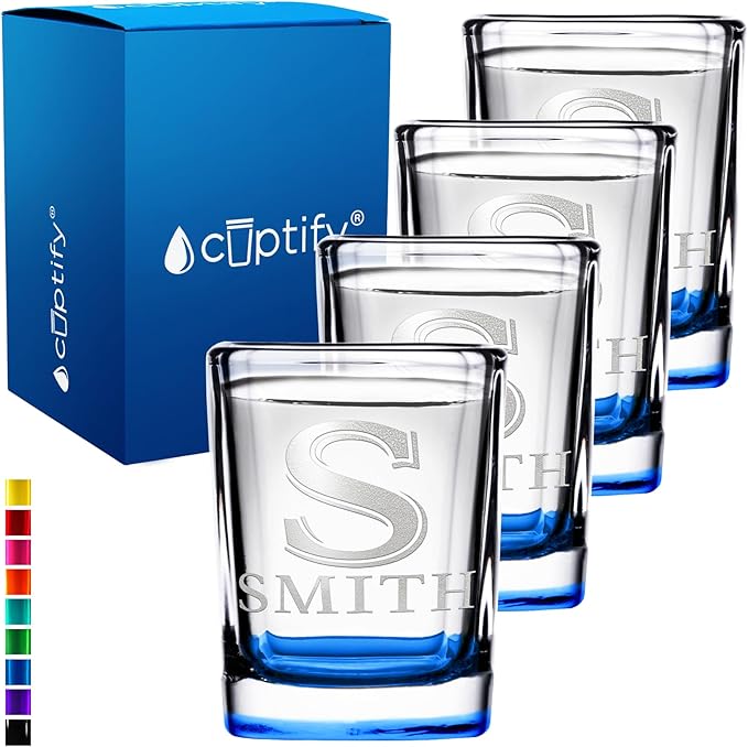 Personalized Shot Glasses Set of 4 Initial and Name 2oz Blue Bottom Etched Square Shot Glass Engraved with Custom Text Birthday Gift for Men and Women