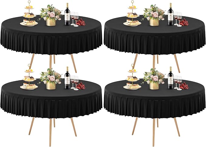 4 Pack Black Spandex Round Tablecloths for 60 Inch Tables, Stretchy Fitted 5FT Cloths, Wrinkle-Free Cover With Skirt for Wedding Party Dining Banquet