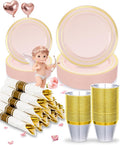 175PCS Pink Plastic Dinnerware Set, Disposable Party Plates for 25 Guests, Include: 50 Pink and Gold Plastic Plates, 25 Pre Rolled Napkins with Gold Silverware, 25 Cups for Wedding, Christmas