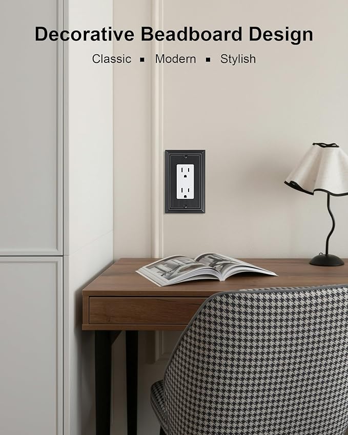 4-Pack Classic Beadboard Decorator Wall Plate Cover, Black Decorative Switch Plates and Outlet Covers, Durable Natural Bamboo Fiber Wall Plates for Electrical Outlets, Receptacle, GFCI Outlet