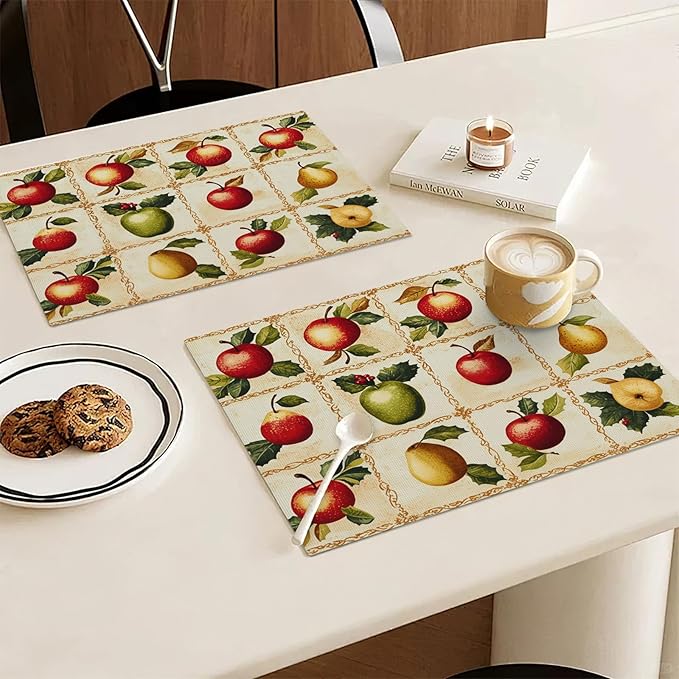 Apple Pear Placemats Set of 6, Retro Fruit Place Mats, Fruits Waterproof Washable Table Mats for Home Party Indoor Kitchen Dining Table Decoration 12x18 Inch
