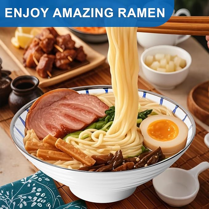 8-Inch Ceramic Ramen Bowl Set of 2 (9 Piece) - Porcelain Japanese Salad Noodles Cereal Fruit Pasta Soup Large Bowls with Recipes Chopsticks Forks Spoons for Men Women Gift Microwave & Dishwasher Safe