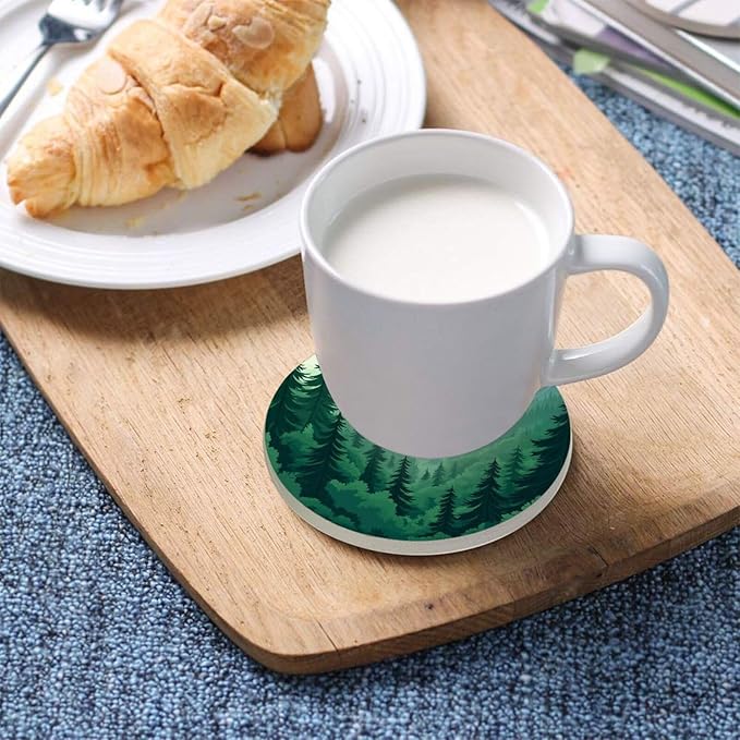 Coasters for Drinks Coaster Drink Set Decorative Coffee Table Desk Cup Mat Spring Cute Cork Bar Backing Round Home Decor Mountain Forest Trees Green07