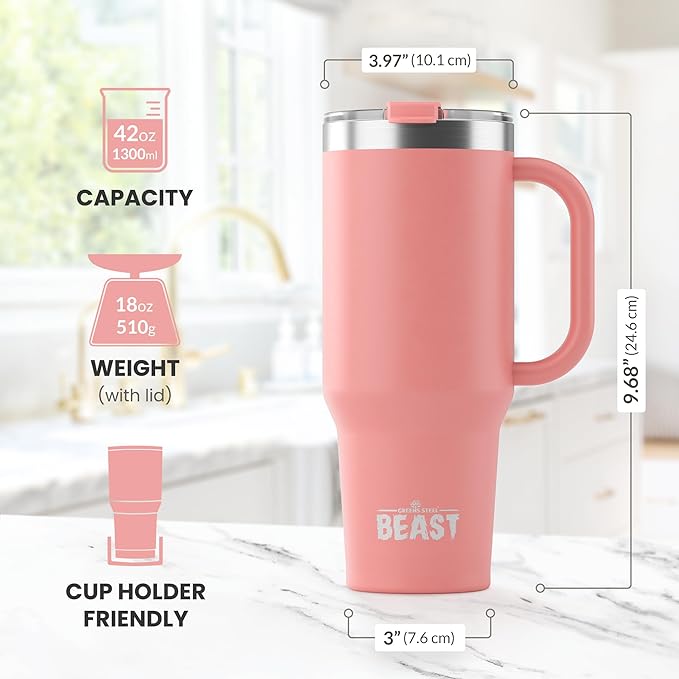 Beast 42 oz Tumbler with Handle Stainless Steel Vacuum Insulated Coffee Ice Cup Double Wall Travel Flask (Blossom Pink)