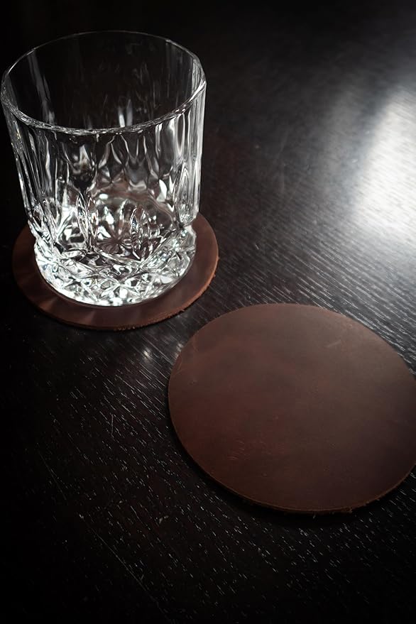 Real Natural Grain Leather Coasters – Durable Non-Slip Distressed Design, Set of 6 for Table Protection in Home, Office, Kitchen, and Bar (Mocha)